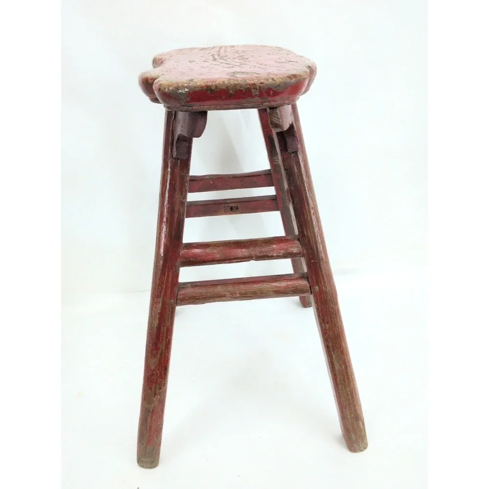 Antique Chinese Elm Red Painted Stool Chair Primitive 1900 Mortise Tenon Bench